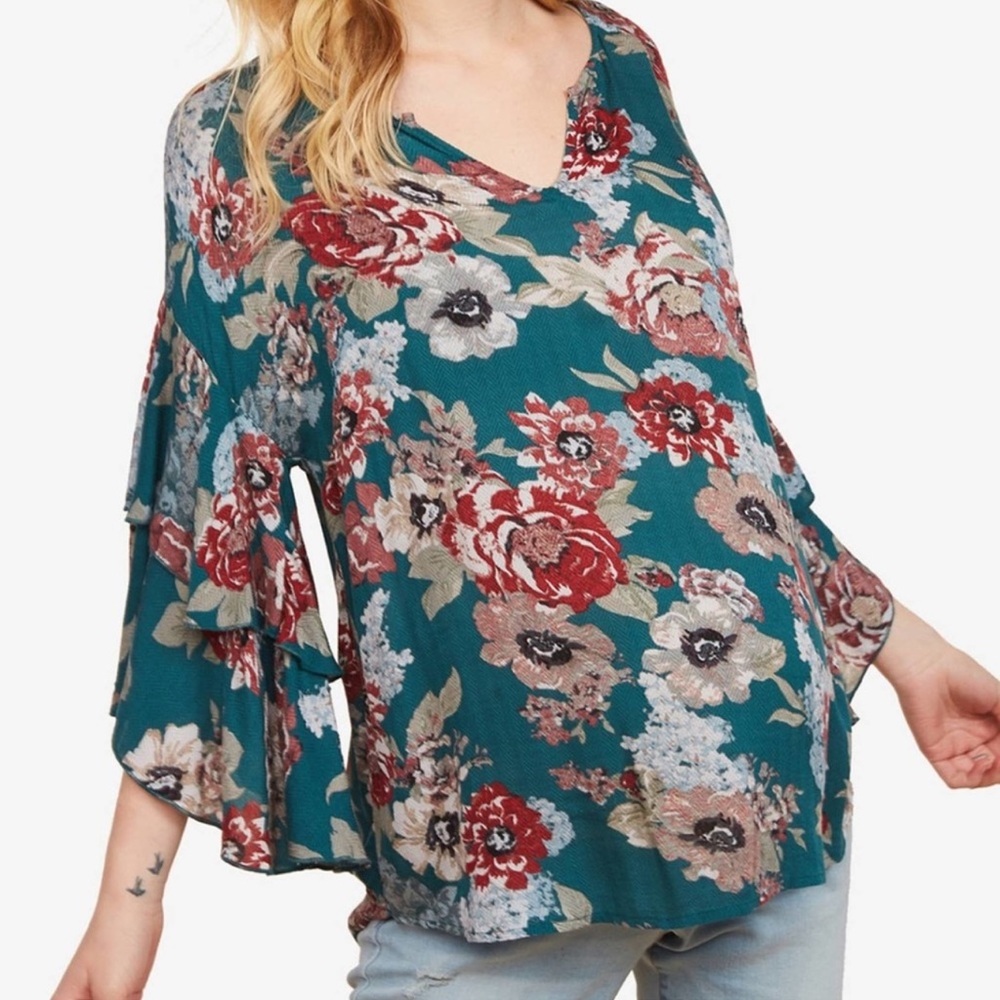Jessica Simpson Maternity Teal & Rust Floral Ruffle Bell-Sleeve Top Small